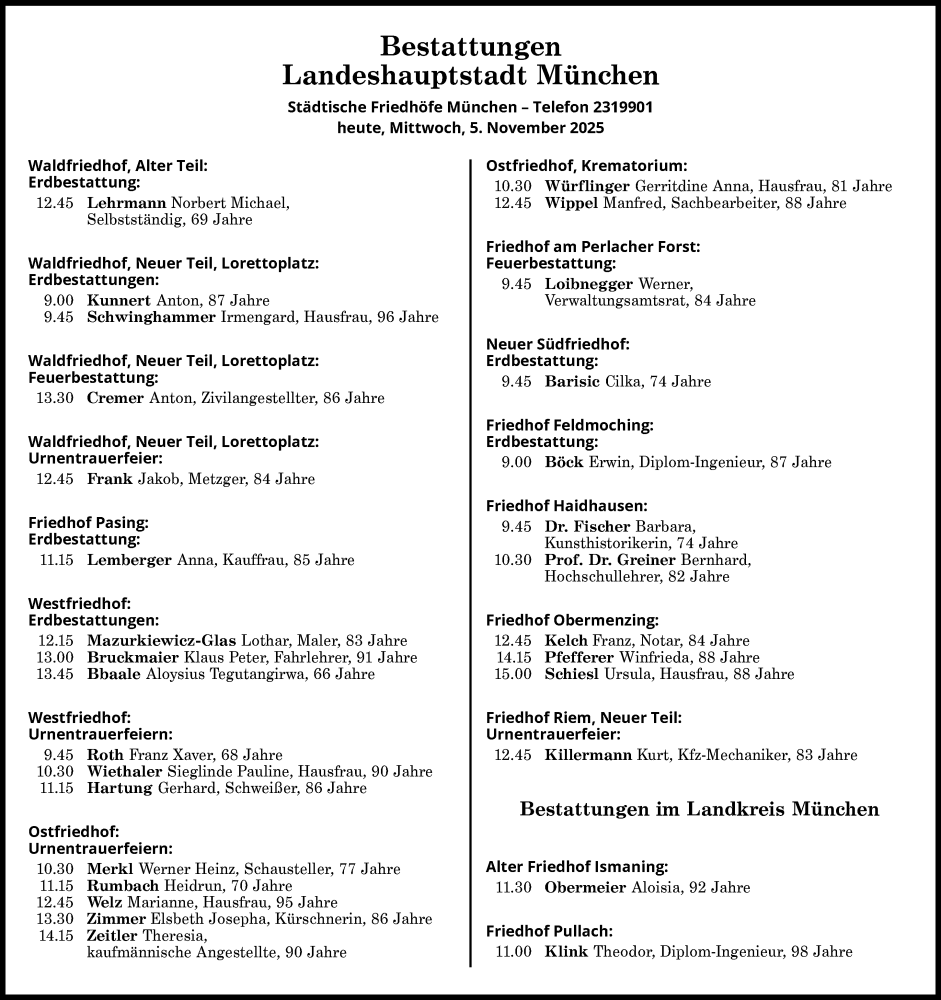  Traueranzeige für Bestattungen vom 05.11.2025 vom 05.11.2025 aus Süddeutsche Zeitung