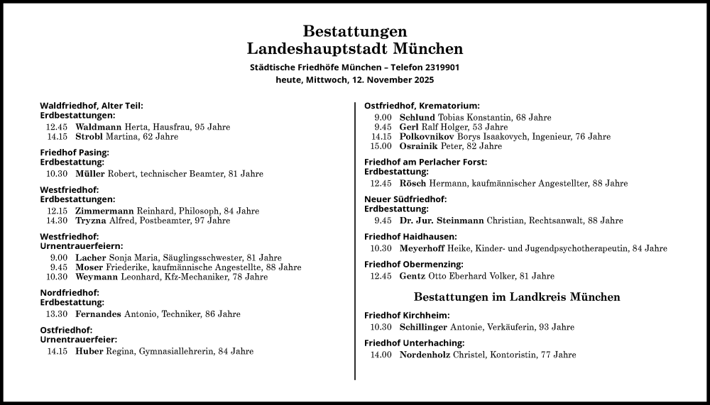  Traueranzeige für Bestattungen vom 12.11.2025 vom 12.11.2025 aus Süddeutsche Zeitung