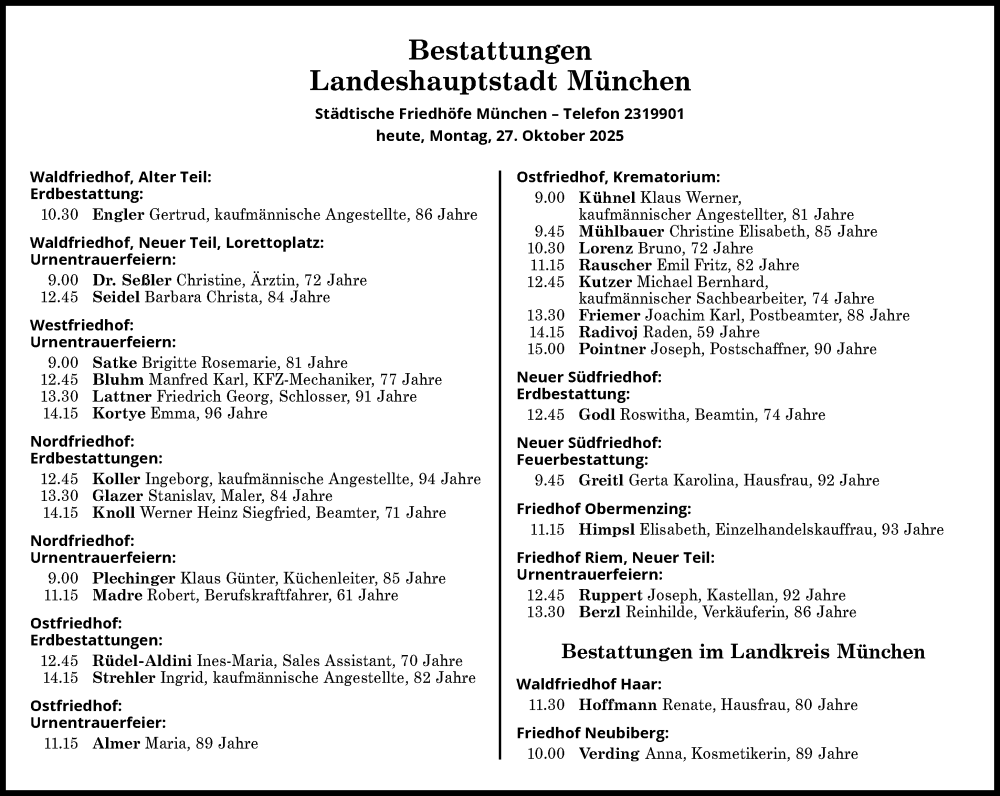  Traueranzeige für Bestattungen vom 27.10.2025 vom 27.10.2025 aus Süddeutsche Zeitung