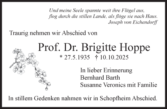 Traueranzeige von Brigitte Hoppe von Süddeutsche Zeitung