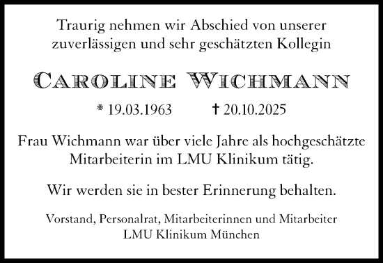 Traueranzeige von Caroline Wichmann von Süddeutsche Zeitung