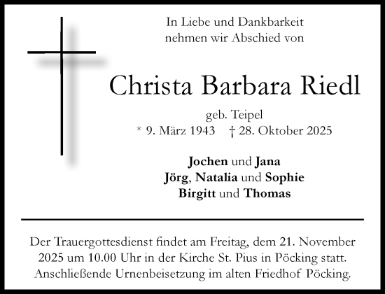 Traueranzeige von Christa Barbara Riedl von Süddeutsche Zeitung