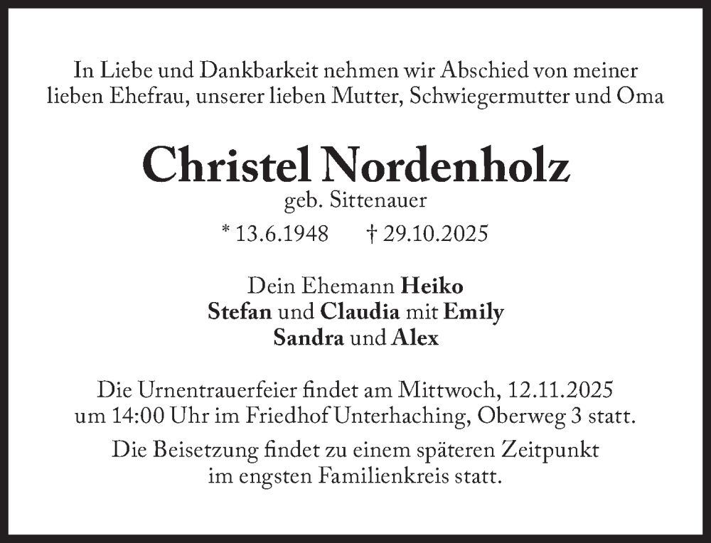  Traueranzeige für Christel Nordenholz vom 08.11.2025 aus Süddeutsche Zeitung