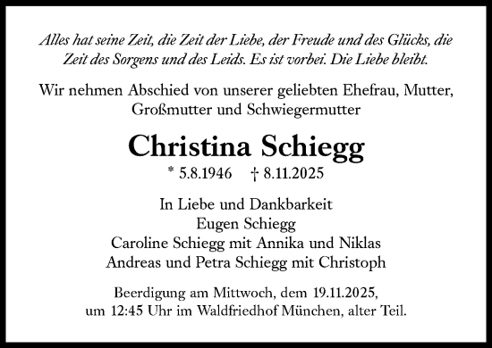 Traueranzeige von Christina Schiegg von Süddeutsche Zeitung