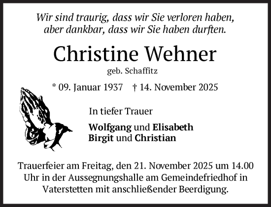 Traueranzeige von Christine Wehner von Süddeutsche Zeitung