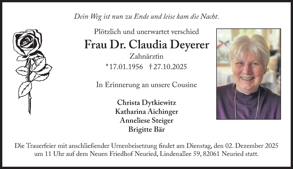 Traueranzeige für Claudia Deyerer vom 29.11.2025 aus Süddeutsche Zeitung