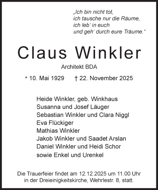 Traueranzeige von Claus Winkler von Süddeutsche Zeitung