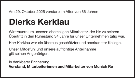 Traueranzeige von Dierks Kerklau von Süddeutsche Zeitung