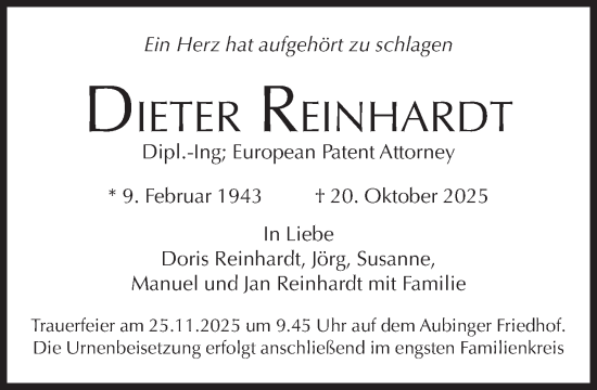 Traueranzeige von Dieter Reinhardt von Süddeutsche Zeitung
