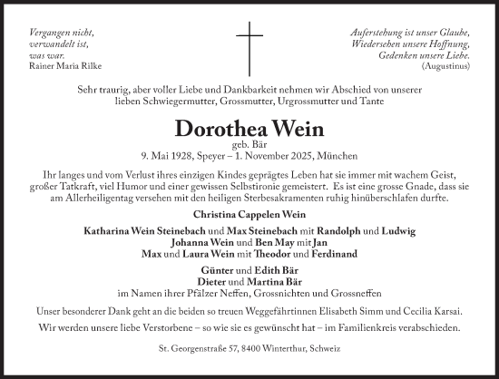Traueranzeige von Dorothea Wein von Süddeutsche Zeitung