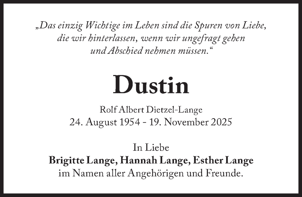  Traueranzeige für Dustin  vom 29.11.2025 aus Süddeutsche Zeitung