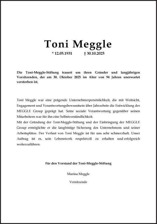 Traueranzeige von Toni Meggle von Süddeutsche Zeitung