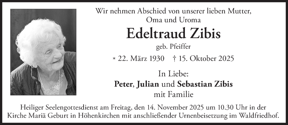  Traueranzeige für Edeltraud Zibis vom 08.11.2025 aus Süddeutsche Zeitung