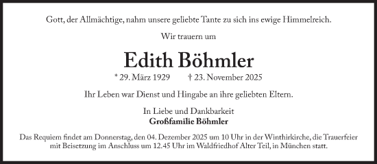 Traueranzeige von Edith Böhmler von Süddeutsche Zeitung