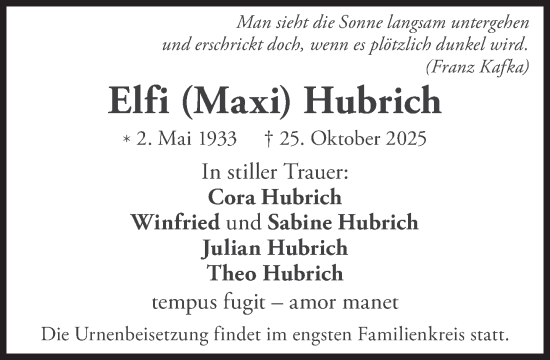 Traueranzeige von Elfi Hubrich von Süddeutsche Zeitung