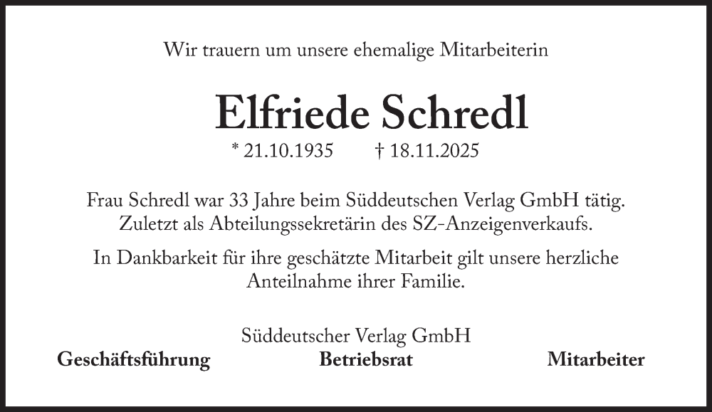  Traueranzeige für Elfriede Schredl vom 29.11.2025 aus Süddeutsche Zeitung