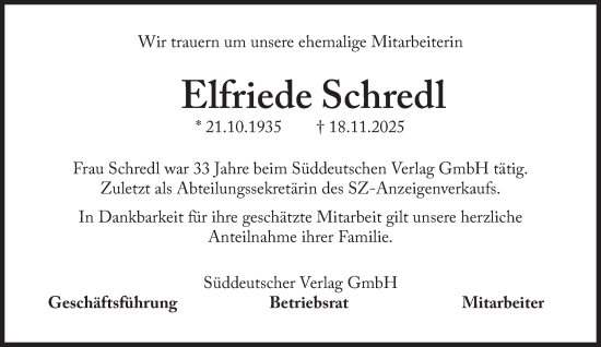 Traueranzeige von Elfriede Schredl von Süddeutsche Zeitung