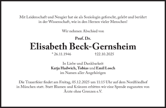 Traueranzeige von Elisabeth Beck-Gernsheim von Süddeutsche Zeitung