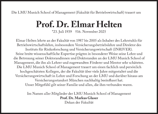Traueranzeige von Elmar Helten von Süddeutsche Zeitung