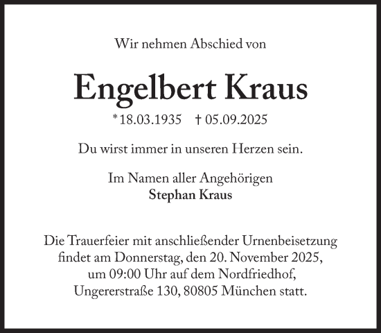 Traueranzeige von Engelbert Kraus von Süddeutsche Zeitung