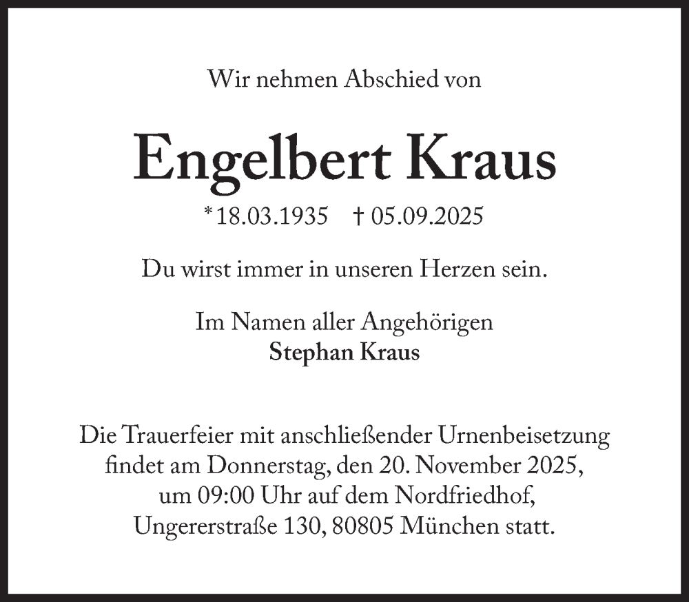  Traueranzeige für Engelbert Kraus vom 15.11.2025 aus Süddeutsche Zeitung