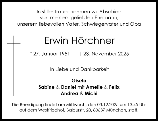 Traueranzeige von Erwin Hörchner von Süddeutsche Zeitung