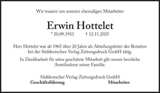 Traueranzeige von Erwin Hottelet von Süddeutsche Zeitung
