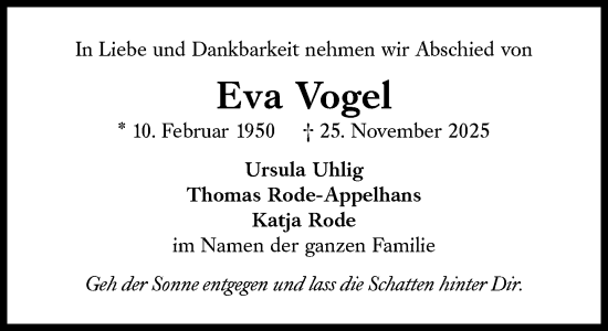 Traueranzeige von Eva Vogel von Süddeutsche Zeitung