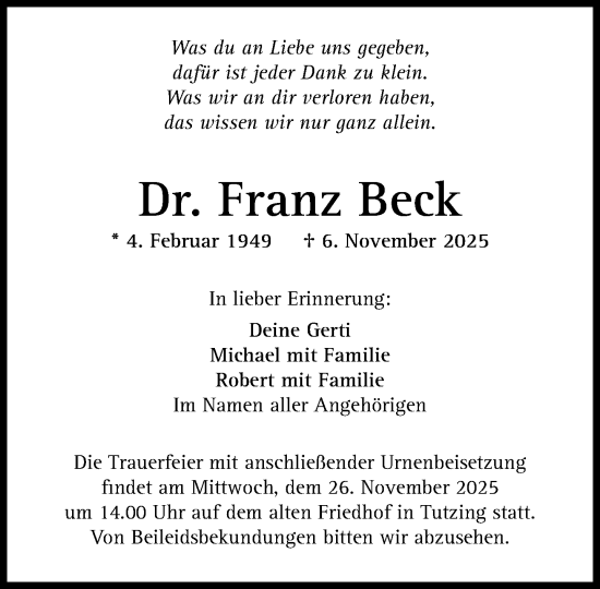 Traueranzeige von Franz Beck von Süddeutsche Zeitung