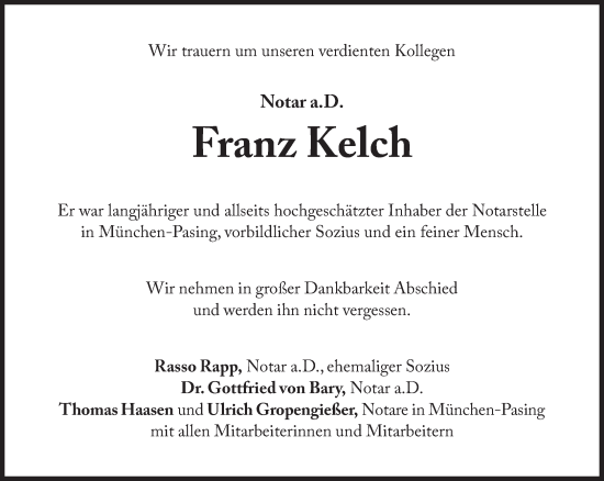 Traueranzeige von Franz Kelch von Süddeutsche Zeitung