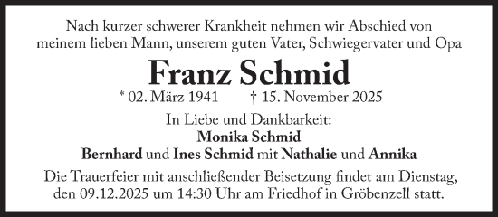 Traueranzeige von Franz Schmid von Süddeutsche Zeitung