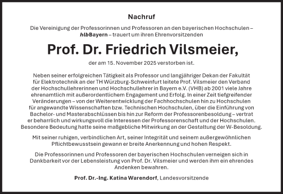 Traueranzeige von Friedrich Vilsmeier von Süddeutsche Zeitung