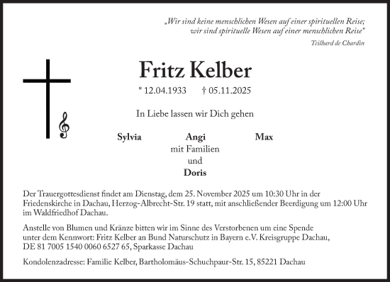Traueranzeige von Fritz Kelber von Süddeutsche Zeitung