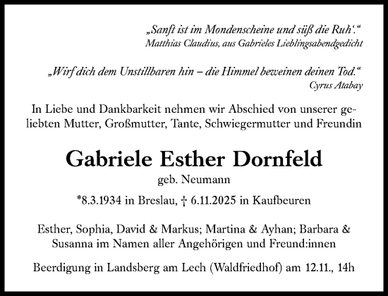 Traueranzeige von Gabriele Esther Dornfeld von Süddeutsche Zeitung