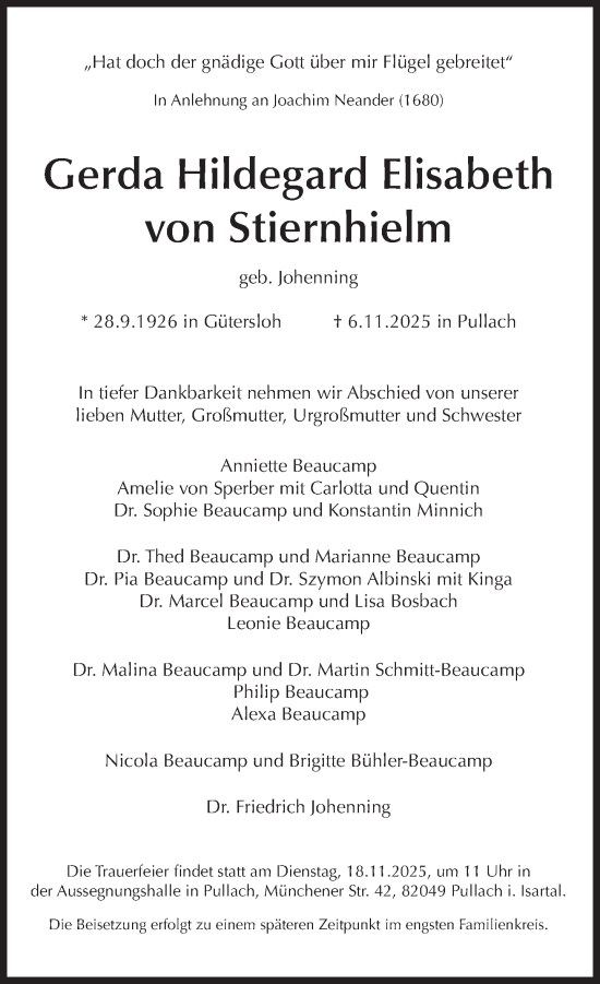 Traueranzeige von Gerda Hildegard Elisabeth von Stiernhielm von Süddeutsche Zeitung