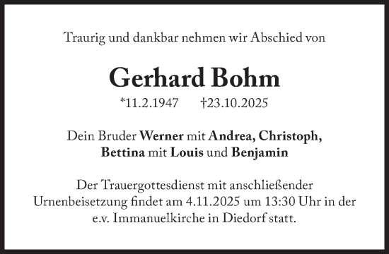 Traueranzeige von Gerhard Bohm von Süddeutsche Zeitung