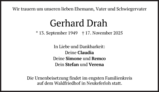 Traueranzeige von Gerhard Drah von Süddeutsche Zeitung