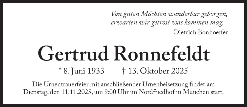  Traueranzeige für Gertrud Ronnefeldt vom 08.11.2025 aus Süddeutsche Zeitung