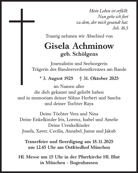 Traueranzeige von Gisela Achminow von Süddeutsche Zeitung
