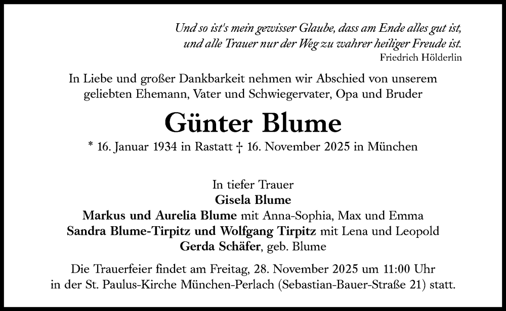  Traueranzeige für Günter Blume vom 22.11.2025 aus Süddeutsche Zeitung