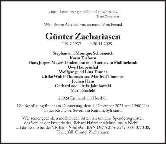 Traueranzeige von Günter Zachariasen von Süddeutsche Zeitung