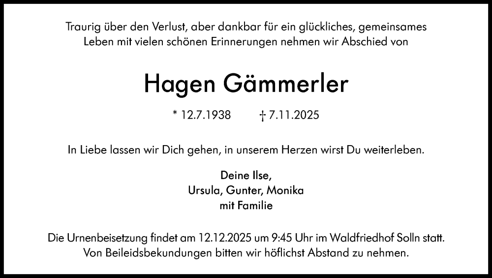  Traueranzeige für Hagen Gämmerler vom 29.11.2025 aus Süddeutsche Zeitung