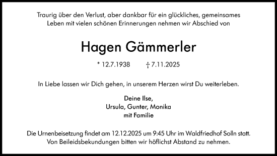 Traueranzeige von Hagen Gämmerler von Süddeutsche Zeitung