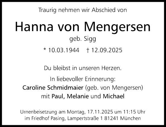 Traueranzeige von Hanna von Mengersen von Süddeutsche Zeitung