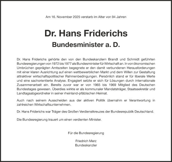 Traueranzeige von Hans Friderichs von Süddeutsche Zeitung