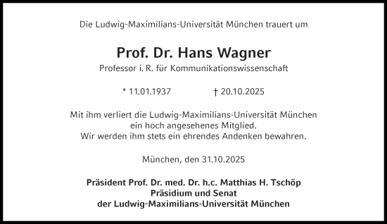Traueranzeige von Hans Wagner von Süddeutsche Zeitung