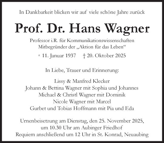 Traueranzeige von Hans Wagner von Süddeutsche Zeitung