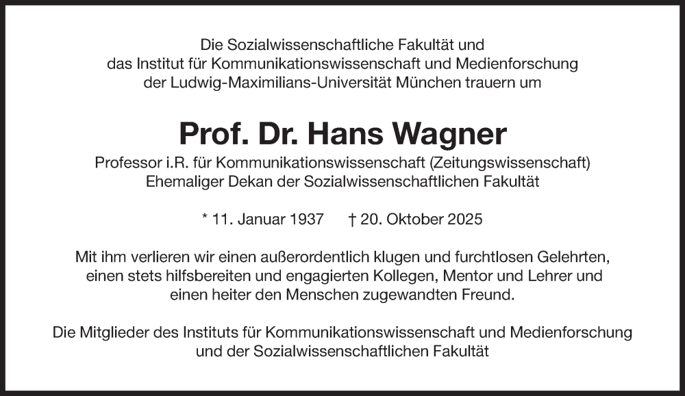 Traueranzeige für Hans Wagner vom 31.10.2025 aus Süddeutsche Zeitung