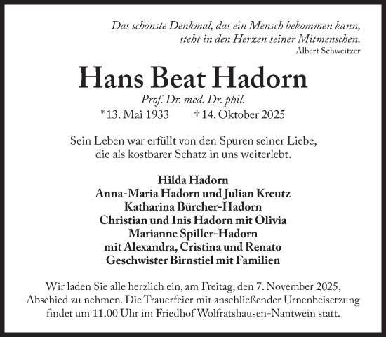 Traueranzeige von Hans Beat Hadorn von Süddeutsche Zeitung