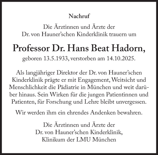 Traueranzeige von Hans Beat Hadorn von Süddeutsche Zeitung